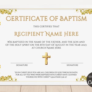 Plantilla de certificado de bautismo, certificado de bautismo imprimible, certificado personalizado de bautismo de bebé editable, plantilla de bautismo de Canva. TDS-10