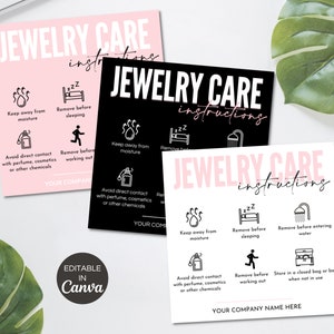 Plantilla de tarjeta de cuidado de joyería editable, guía de cuidado de Square imprimible, plantilla de Canva de tarjetas de instrucciones de cuidado de joyería. TDS-05