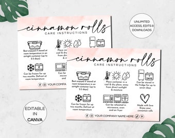 Cinnamon Rolls Care Card Template, Editable Cinnamon Buns Care Instructions, Printable Bakery Care Cards Order Packaging Insert. TDS-05
