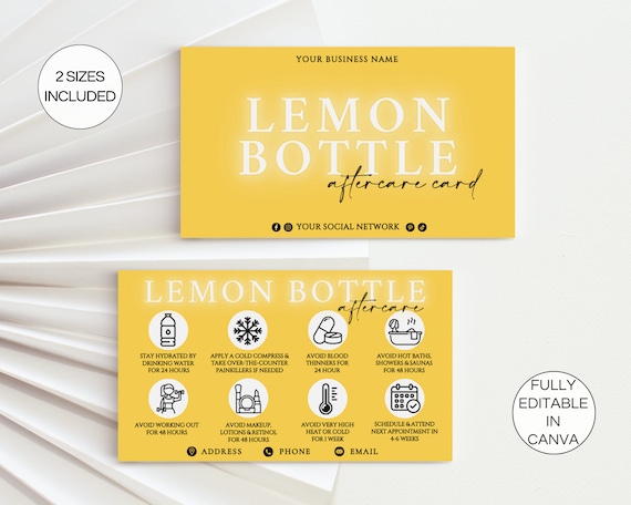 Editable Lemon Bottle Aftercare Cards, Printable Fat Dissolving Care Card,  Beauty Salon Esthetician Template