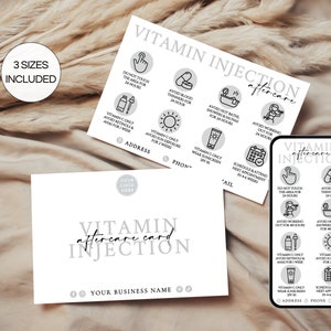 Cartões de cuidados posteriores com injeção de vitamina, cartões editáveis de cuidados com injeção de vitamina C D3 B12, modelo de Canva para cartões de salão de beleza para impressão. TDS-05