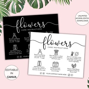 Modèle de carte d'entretien des fleurs, instructions d'entretien du bouquet modifiables, guide d'entretien des fleurs imprimable, modèle de toile de cartes d'entretien des fleurs Blooms