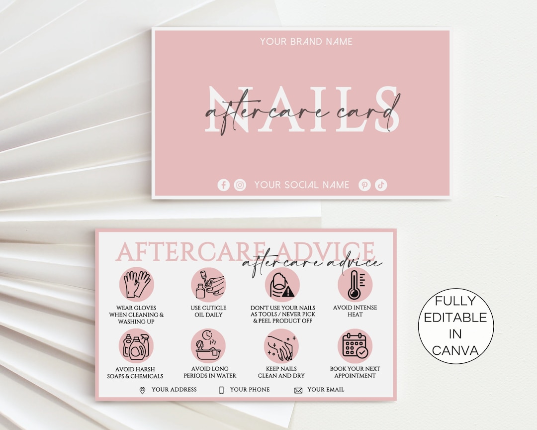 Editable Nails Aftercare Cards, Nails Care Instructions, Printable ...