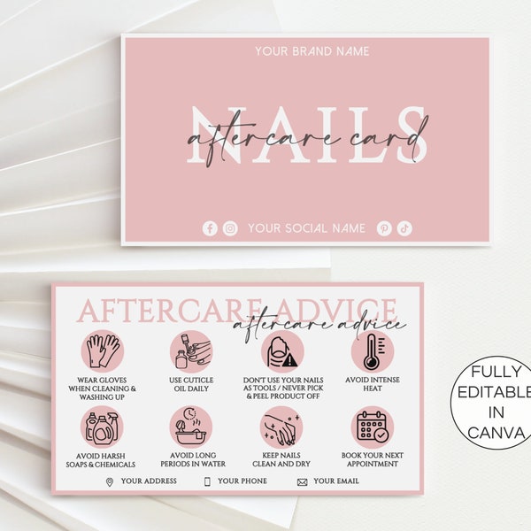Editable Nails Aftercare Cards, Nails Care Instructions, Printable Manicure Client Care Card, Nails Beauty Salon Canva Template. TDS-05