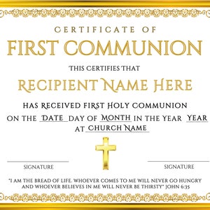 First Communion Certificate Template Editable First Holy Communion First Communion Certificate Template Editable First Holy Communion