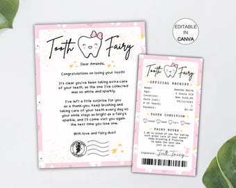Tooth Fairy Letter Receipt Template, Editable Pink Baby Girl Kids First Tooth Lost Certificate
