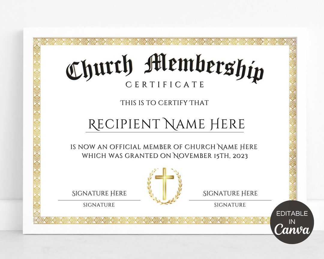 Church Membership Certificate Template Editable Certificate of