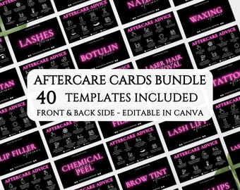 Aftercare Cards Bundle, Editable Esthetician Lash Nails Waxing Beauty Salon Cards, 40 Templates Included