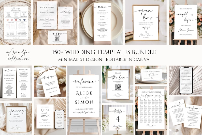 Minimalist Wedding Template Bundle, 150+ Wedding Templates, Editable Reception Signs, Modern Invitation Suite image 18
