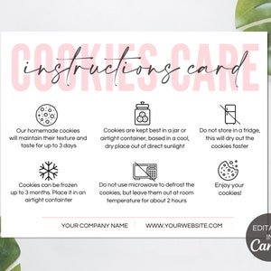 Cookie Care Card, Printable Cookies Care Template, Editable Bakery Care Guide, Biscuits Care Instructions Canva Template. TDS-05