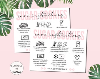Zucker Kekse Pflegekarte Canva Vorlage, bearbeitbare Cookie Anweisungen, druckbare Bäckerei Business Order Insert