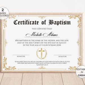 Plantilla de certificado de bautismo editable, certificado de bautismo imprimible, certificados de bautismo de bebé personalizados, plantilla de iglesia de Canva. TDS-10