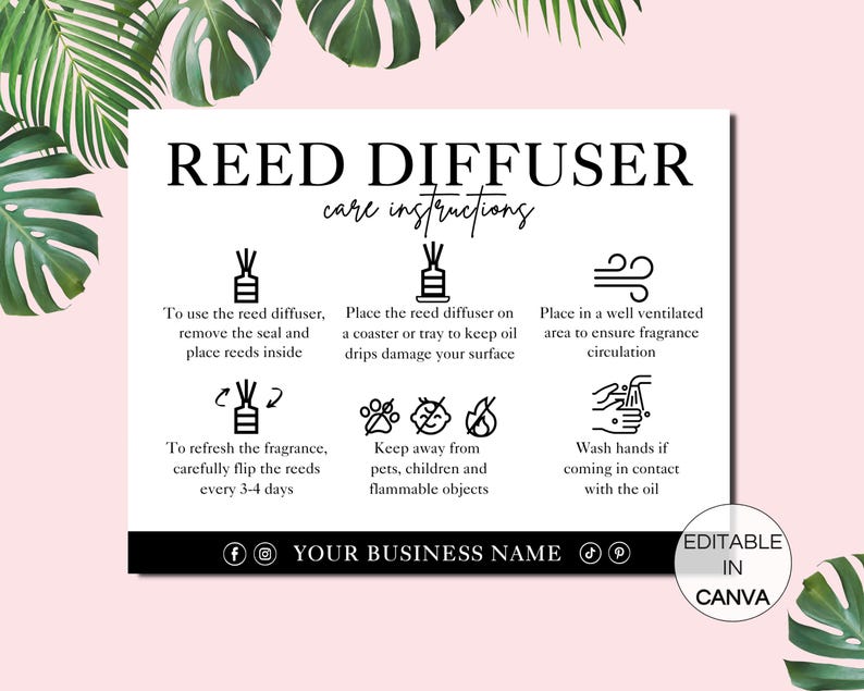 Reed Diffuser Instructions Cards, Printable Room Diffuser Care Card ...