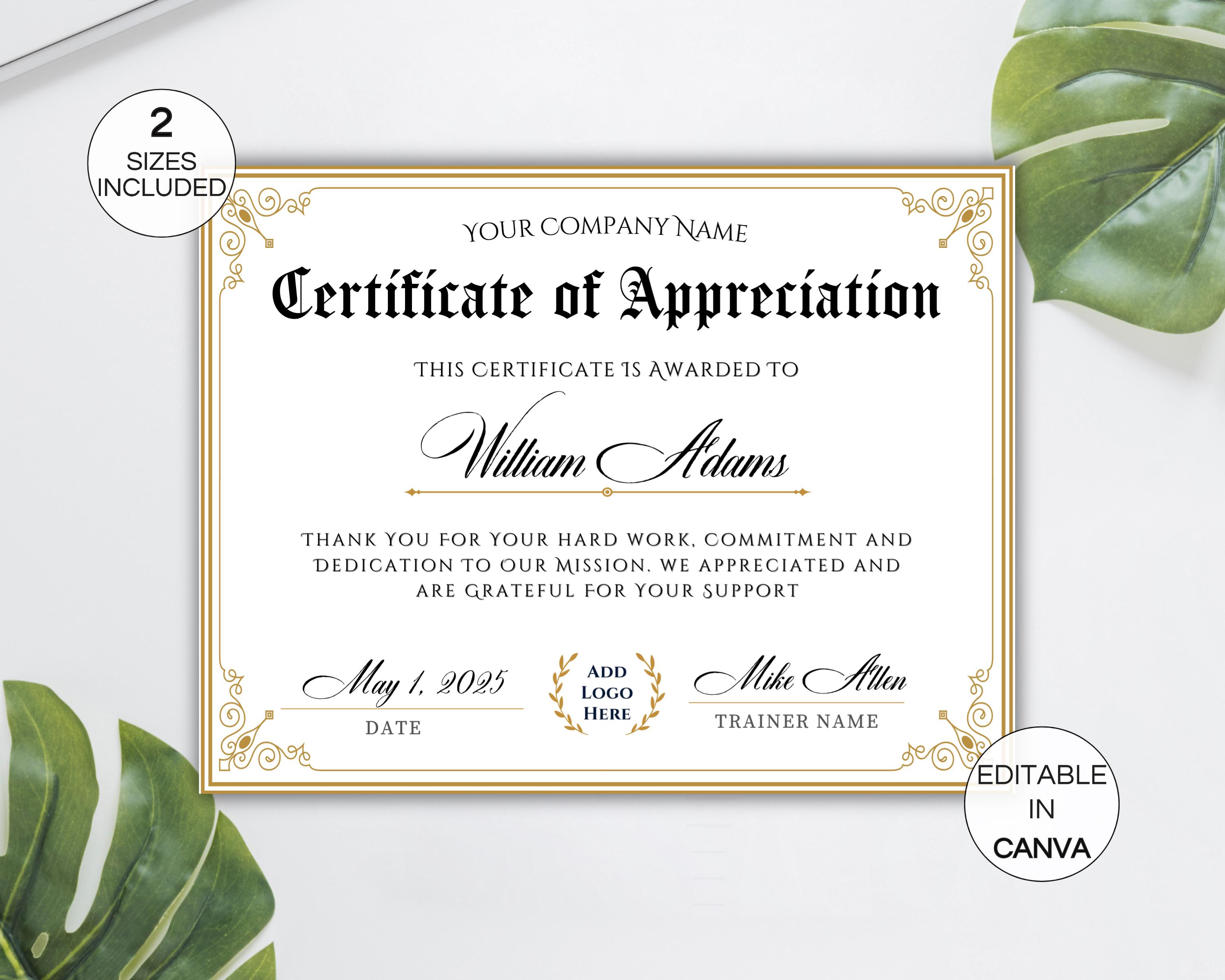 Editable Certificate of Appreciation, Printable Appreciation ...