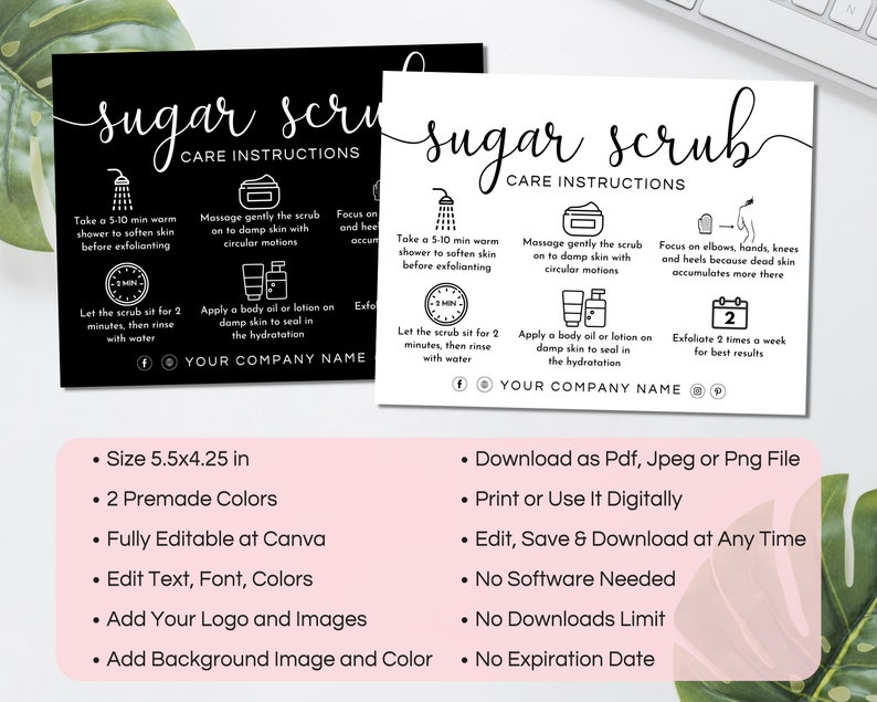 Scrub Application Sugar Scrub Care Card Template, Editable Body Scrub Instructions ...