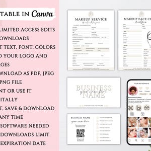 Puede incluir: Plantilla editable de Canva para servicios de maquillaje. Incluye un formulario de admisi&oacute;n de clientes para servicios de maquillaje, una tabla de maquillaje facial, una tarjeta de presentaci&oacute;n y una plantilla de publicaci&oacute;n de Instagram. La plantilla es personalizable con texto, fuentes, colores, logotipos e im&aacute;genes.
