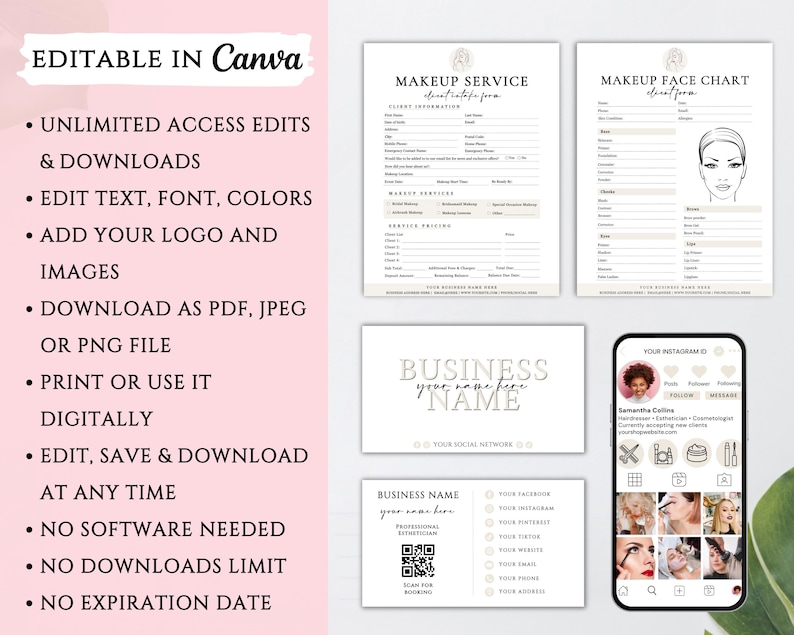 Puede incluir: Plantilla editable de Canva para servicios de maquillaje. Incluye un formulario de admisi&oacute;n de clientes para servicios de maquillaje, una tabla de maquillaje facial, una tarjeta de presentaci&oacute;n y una plantilla de publicaci&oacute;n de Instagram. La plantilla es personalizable con texto, fuentes, colores, logotipos e im&aacute;genes.