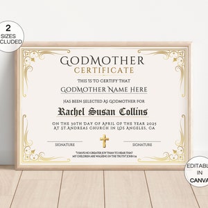 Plantilla de certificado de madrina, certificado de madrina editable, recuerdo de bautismo imprimible, plantilla Canva de certificado de regalo de madrina.TDS-10