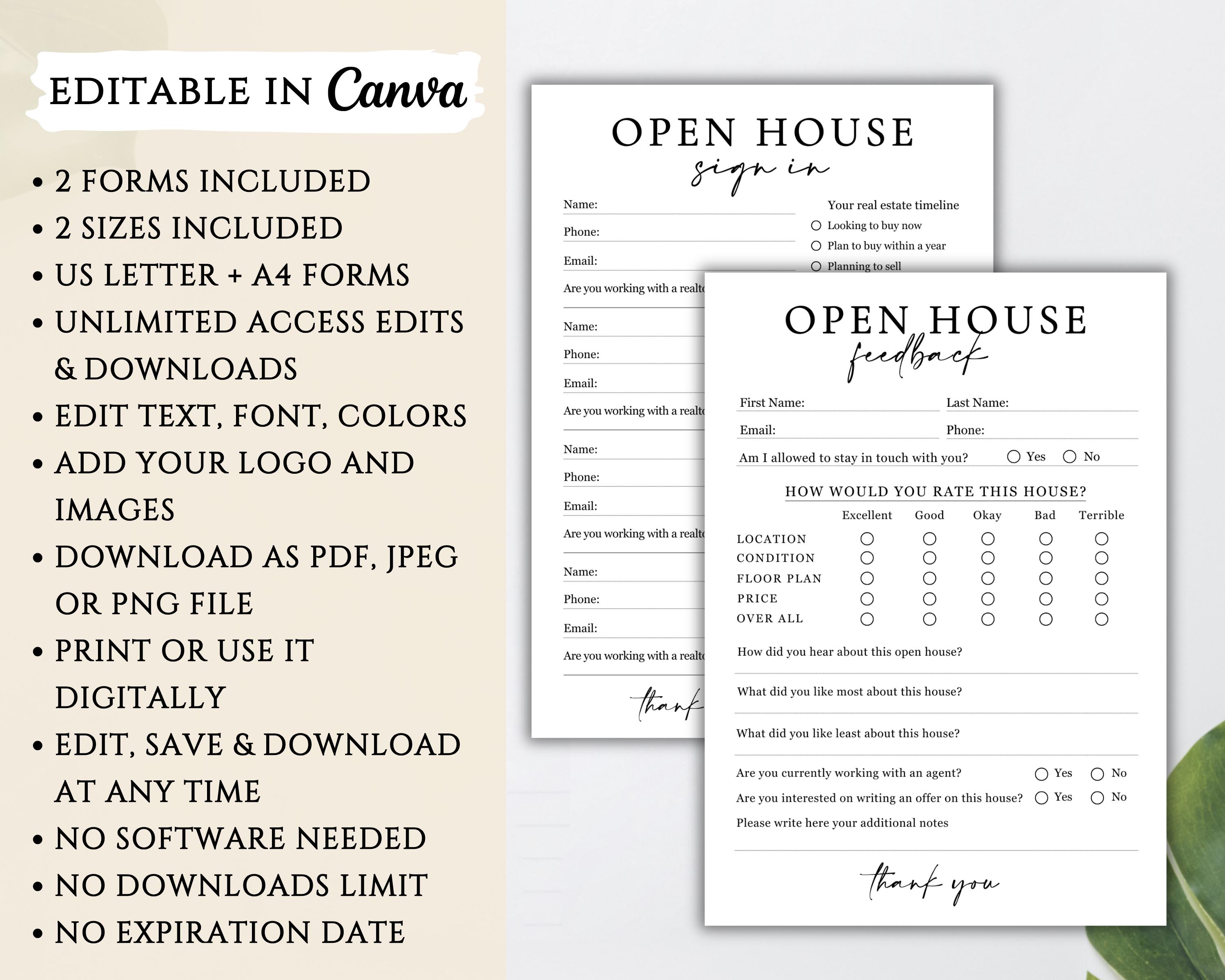 Open House Feedback and Sign in Form Bundle, Printable Realtor Forms ...