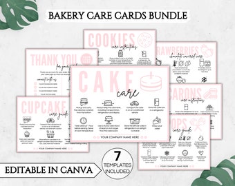 Paquete de tarjetas de cuidado de negocios de panadería editables, tarjeta de cuidado de pasteles imprimible, tarjetas de cuidado de galletas, guía de cuidado de cupcakes, tarjeta de cuidado de macarrones Cake Pop.