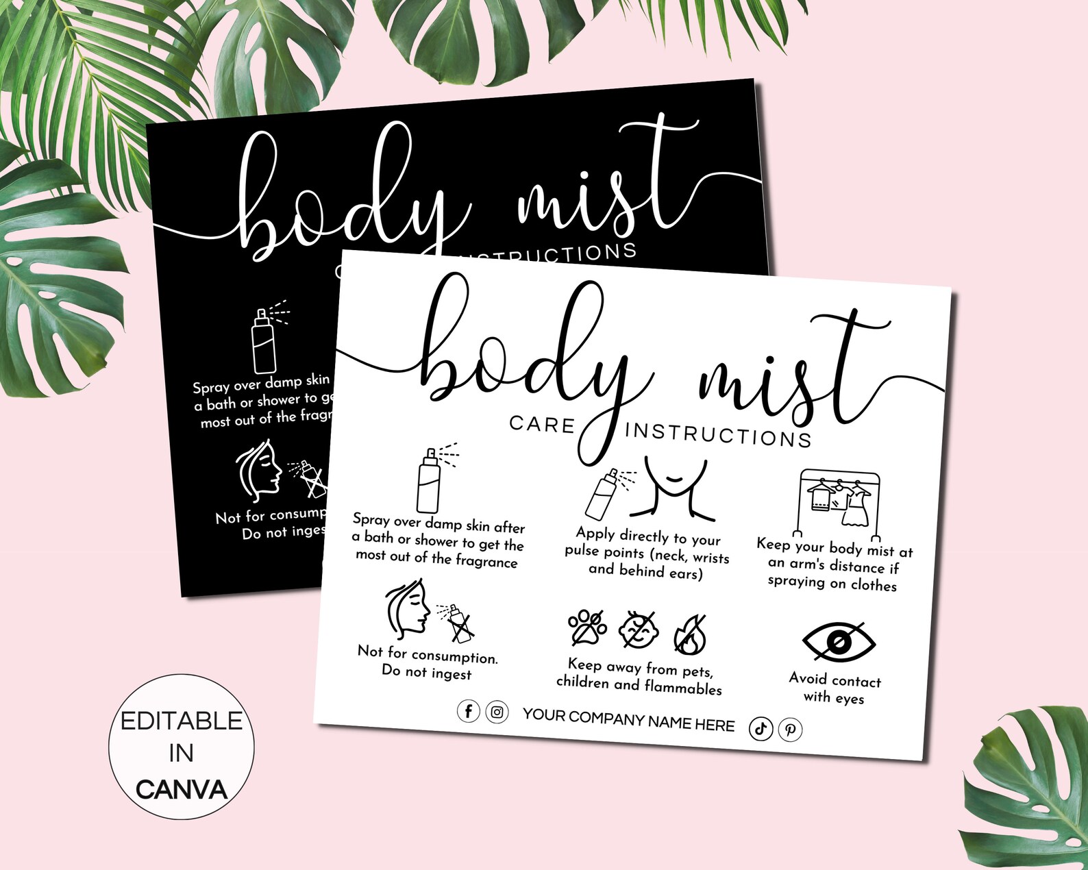 Printable Mist Card Body Mist Care Card, Printable Body Spray Fragrance Instructions Cards ...