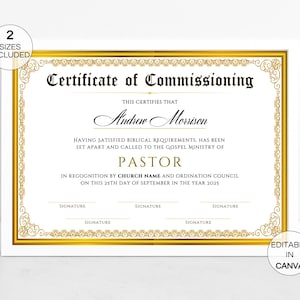 Certificate Of Commissioning, Editable Pastor Commissioning Certificate, Printable Pastor Installation Certificate Canva Template. TDS-10