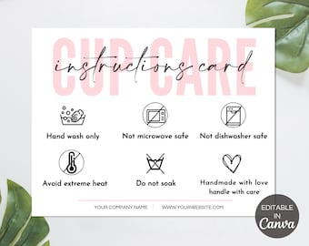 Cup Care Card, Printable Tumbler Cup Instructions Cards, Editable Canva Template