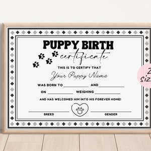 Puppy geboorteakte Canva sjabloon, bewerkbare huisdier adoptie certificaat, afdrukbare nieuwe puppy kat hond geboorteakte. TDS-09