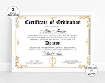 Ordination Certificate Template, Editable Deacon Certificate of Ordination, Printable Ministry Certificate, Ordained Minister Certificate