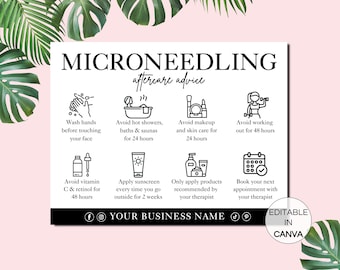 Tarjeta de cuidados posteriores al tratamiento con microagujas, tarjetas imprimibles con instrucciones para el cuidado posterior al tratamiento con microagujas, plantilla editable de Canva para tratamientos faciales.