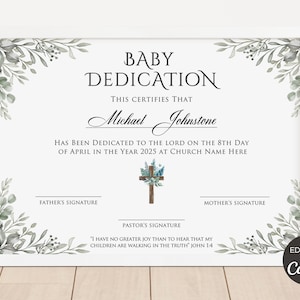 Certificado de dedicación de bebé, plantilla de certificado de dedicación de niño editable, certificado de bautismo imprimible, plantilla de iglesia Canva. TDS-10