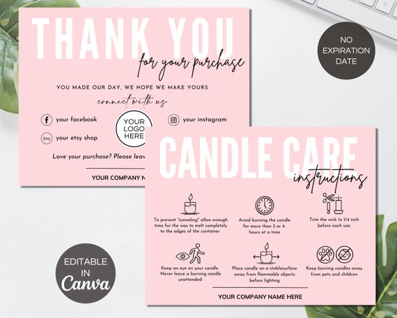 Candle Care Card Canva Template Candle Business Thank You - Etsy
