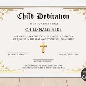 Certificado de dedicación de bebé editable, plantilla de certificado de dedicación de niño imprimible, certificado de bautismo, recuerdo de dedicación. TDS-10