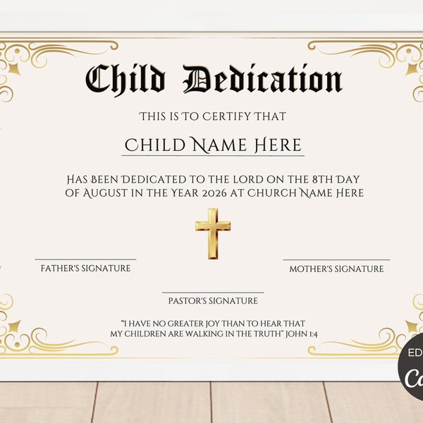 Editable Baby Dedication Certificate, Printable Child Dedication Certificate Template, Baptism Certificate, Dedication Keepsake. TDS-10