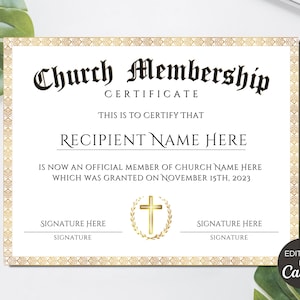 Church Membership Certificate Template Editable Certificate of