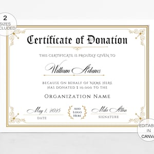 Plantilla de certificado de donación, certificado de donación editable, certificado de regalo de donación a una organización benéfica imprimible, plantilla de Canva. TDS-10
