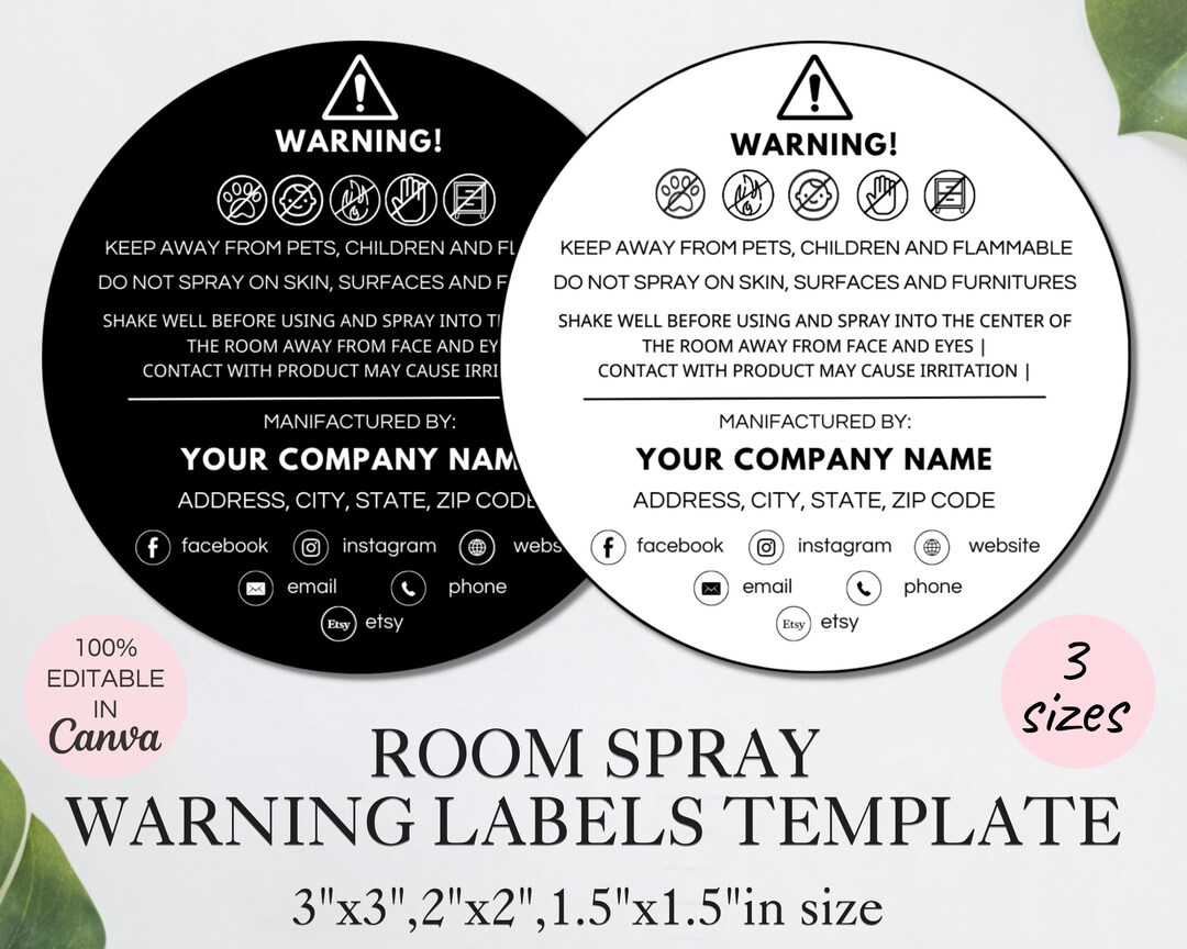 Room Spray Warning Label Template Editable Spray Caution Etsy