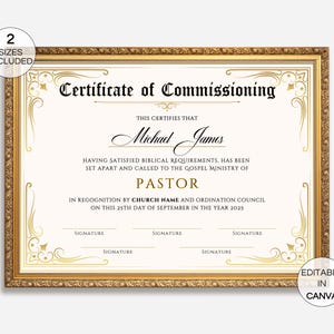 Certificate Of Commissioning, Editable Pastor Commissioning Certificate, Printable Pastor Installation Certificate Canva Template. TDS-10