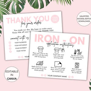 Puede incluir: Dos tarjetas blancas con texto y gráficos rosas. Una tarjeta dice "GRACIAS por tu pedido" y la otra "Instrucciones de aplicación IRON-ON". Las tarjetas incluyen instrucciones para aplicar transferencias termoadhesivas e iconos de redes sociales.