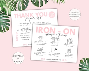 Iron-On Instructions Card, Editable Heat Transfer Vinyl Care Card, HTV Application Guide, Canva Template