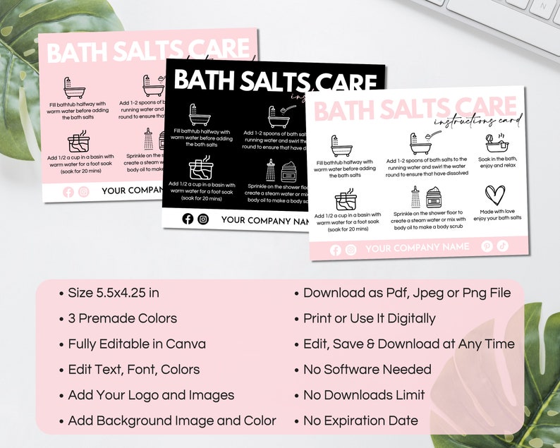 Bath Salts Care Card, Printable Bath Soak Epsom Salt Instructions Cards ...