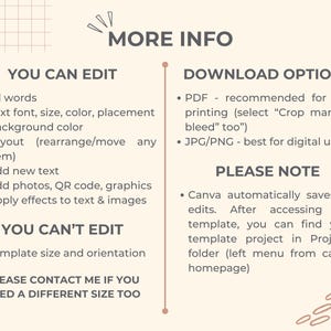 May include: A beige digital design template with the words "MORE INFO" at the top. The text lists editable and non-editable features, including text, font, and background color. Download options are PDF and JPG/PNG.