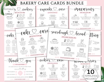 Bakery Care Cards Bundle | Editable Canva Template for Small Business | Macarons, Sourdough, Cupcake, Cookie, Cake Care and Cutting Guide
