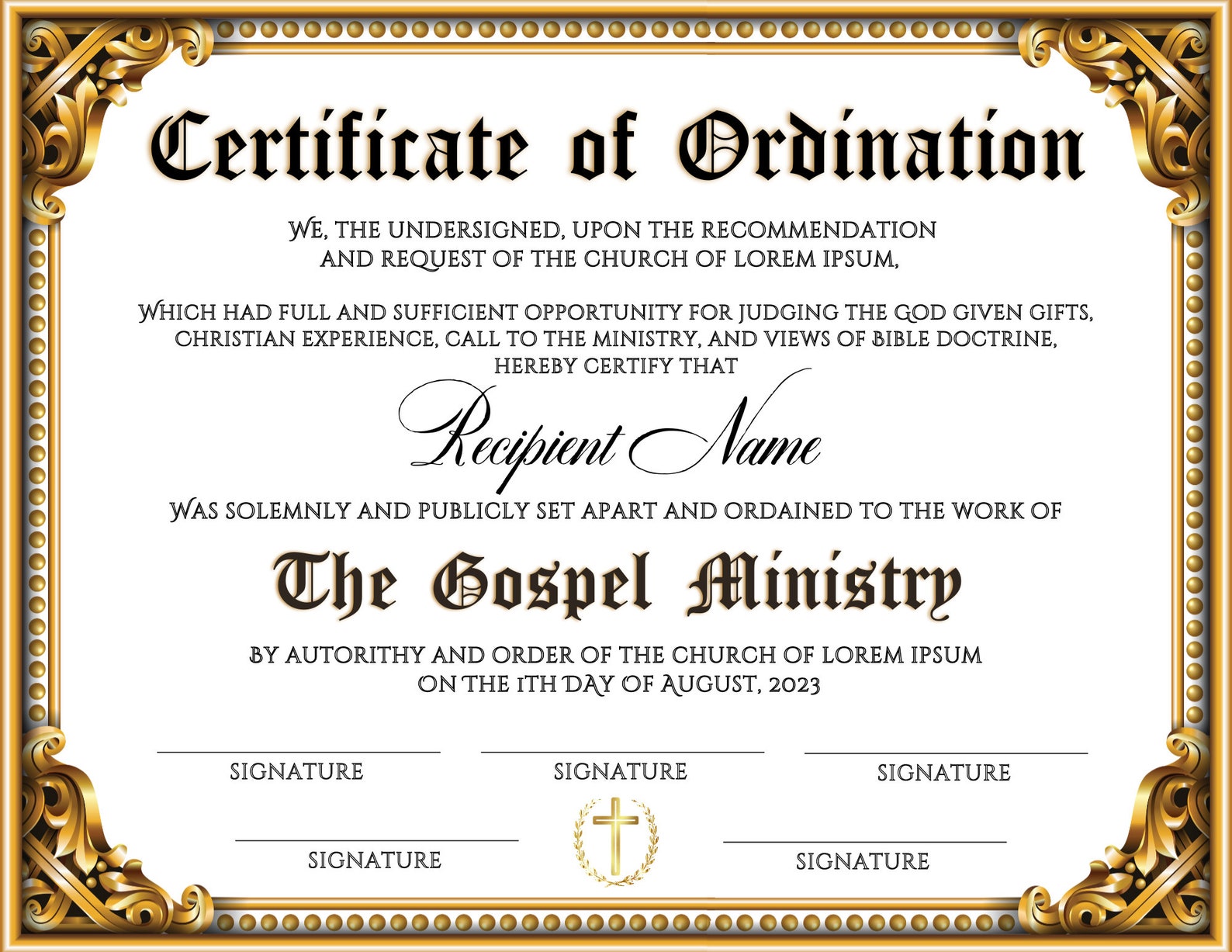 Ordination Certificate Template, Gospel Ministry Certificate Template