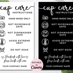 Cup Care Card Template, Editable Cup Care Cards, Printable Tumbler Care Card, Cup Care Guide Instructions Card, Canva Template. TDS-05