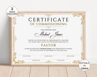 Pastor Installation Commissioning Certificates, Printable Certificate Of Commissioning, Editable Canva Template