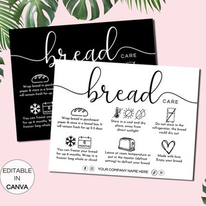 Tarjeta de cuidado del pan, instrucciones editables para el cuidado de la barra de pan, guía imprimible para el cuidado del pan fresco, plantilla Canva de tarjetas de cuidado de la panadería. TDS-05