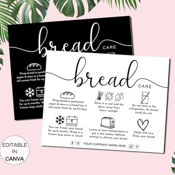 Bread Care Card, Editable Loaf Of Bread Care Instructions, Printable Fresh Bread Care Guide, Bakery Care Cards Canva Template. TDS-05