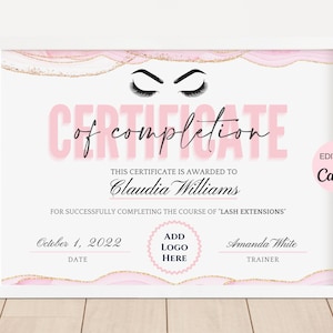 Lash Certificate Of Completion Editable Template, Lash Extension Certificate, Printable Lash Course Certificate Canva Template. TDS-10