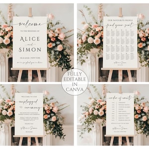 May include: Four wedding signs on wooden easels. The signs include a welcome message, seating chart, unplugged ceremony notice, and order of events. Each sign has elegant calligraphy and floral arrangements in the background.